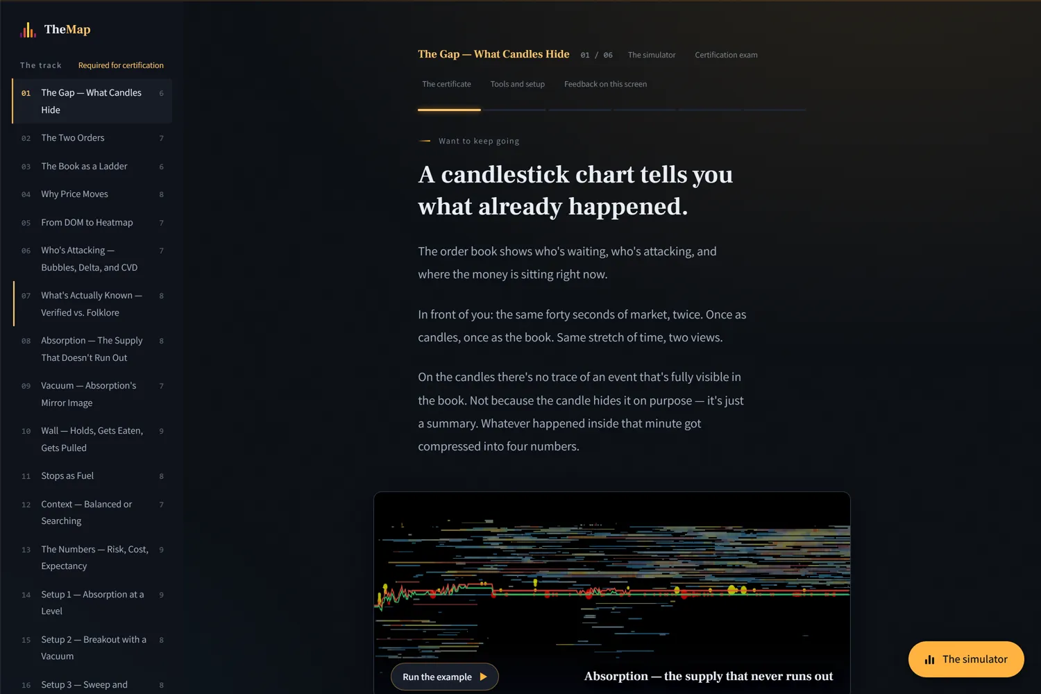 Inside the course: a lesson screen with its own simulator window and the course outline